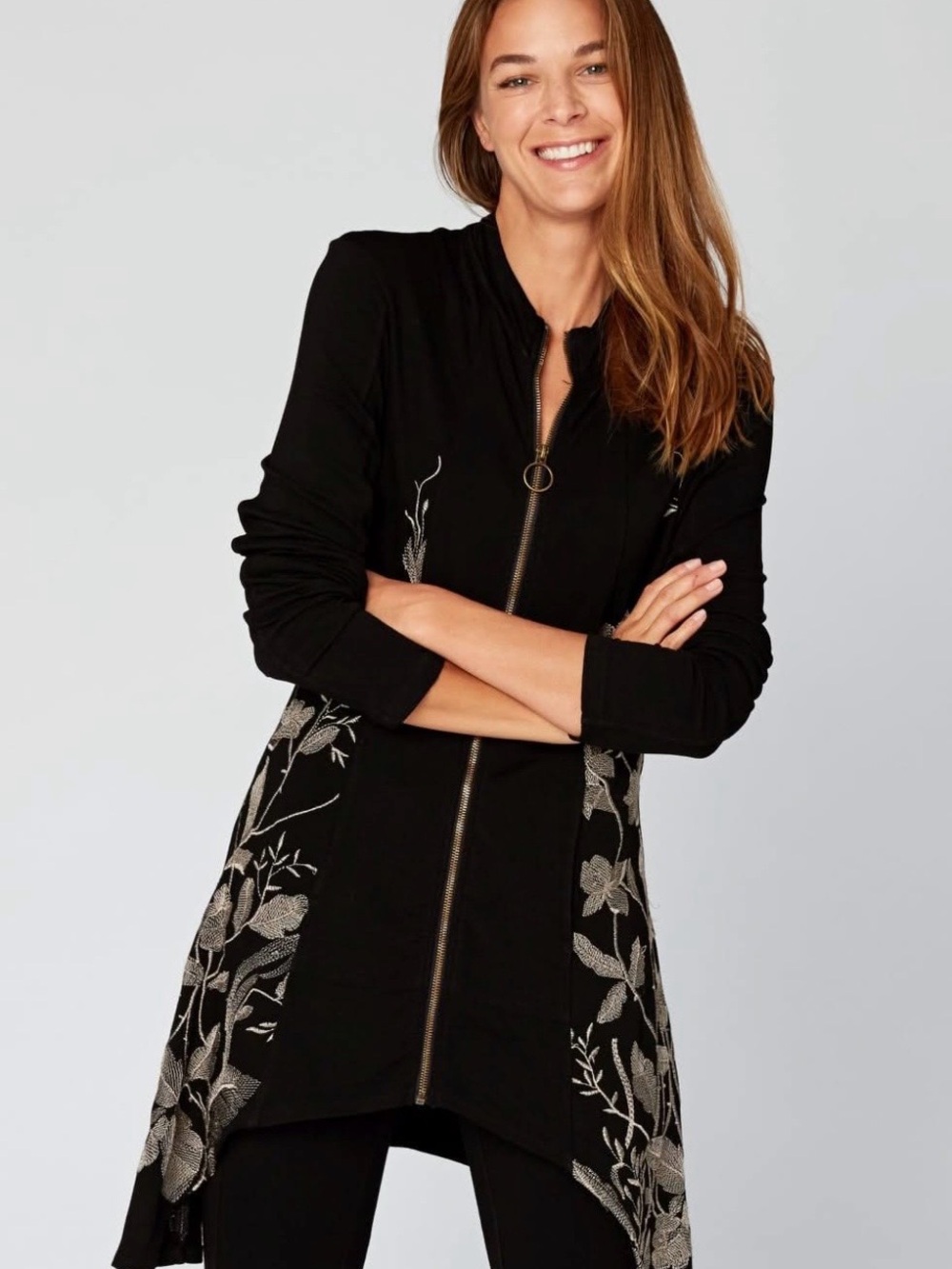 XCVI Black Embroidered Full Zip Cardigan Jacket Mock Neck Ring Pull Boho